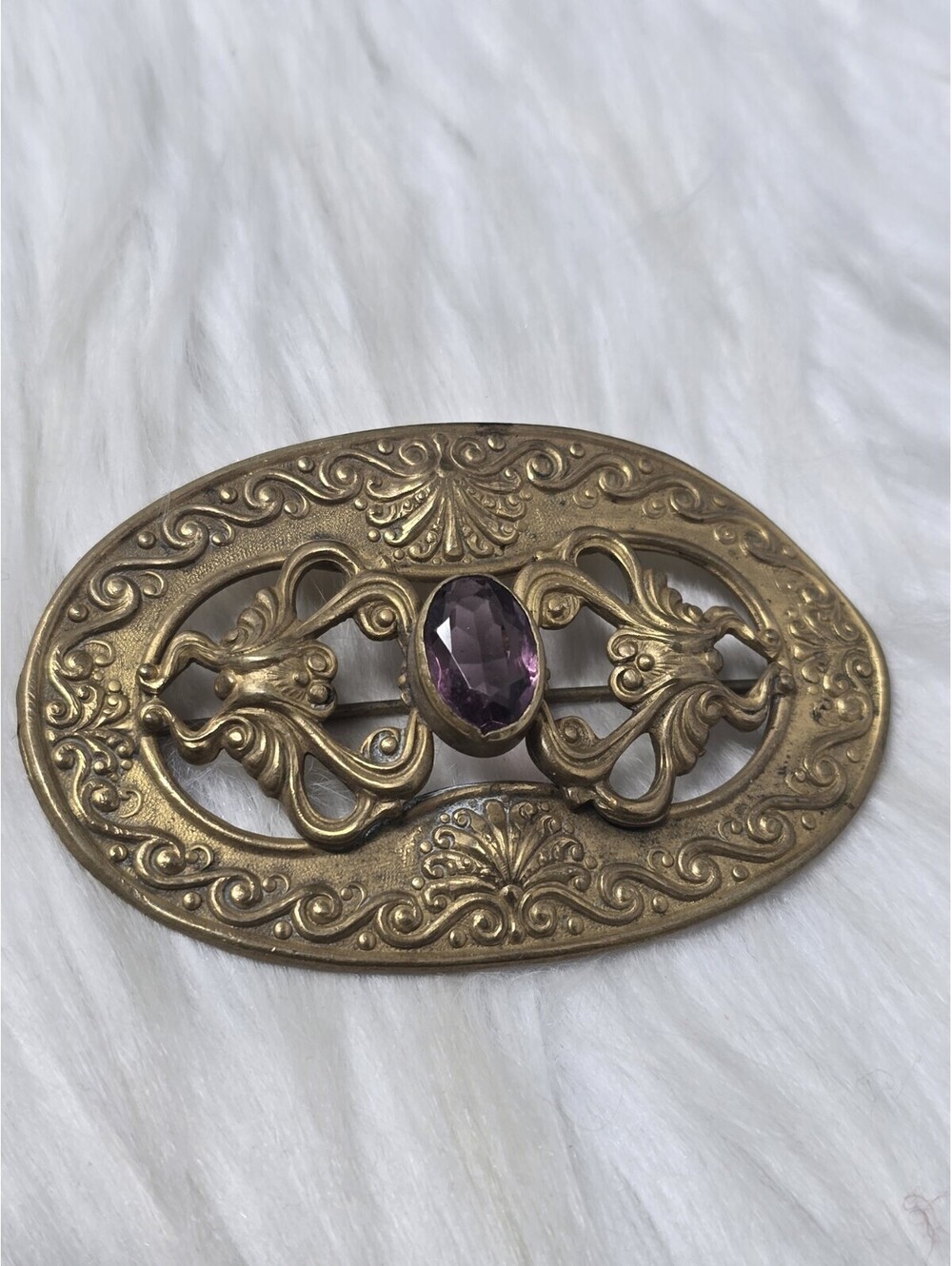 Antique Victorian Sash Pin Brooch Gilt Brass Purple Glass 3"